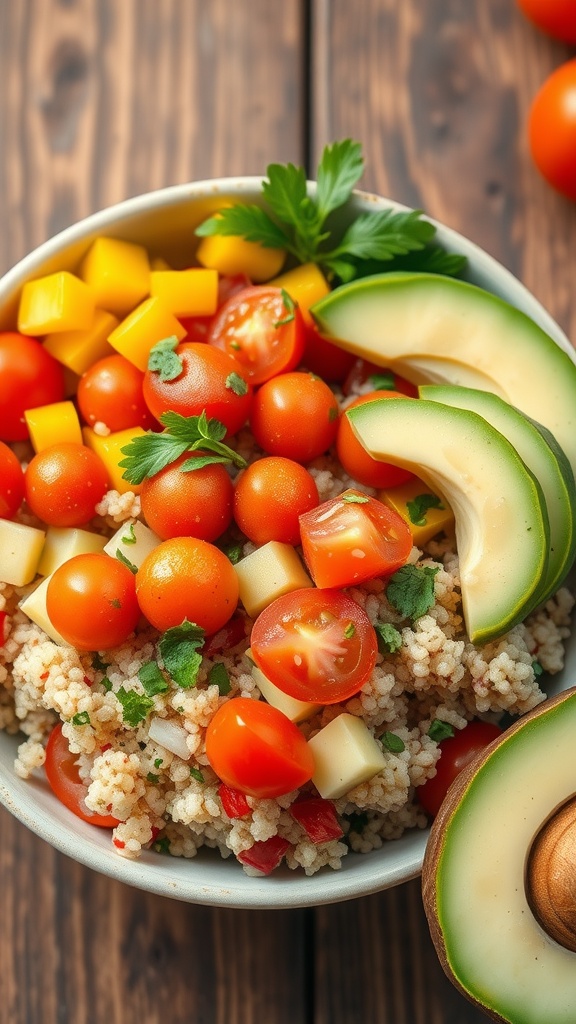 A colorful quinoa bowl with cherry tomatoes, cucumber, bell pepper and avocado, garnished with herbs on a rustic table.